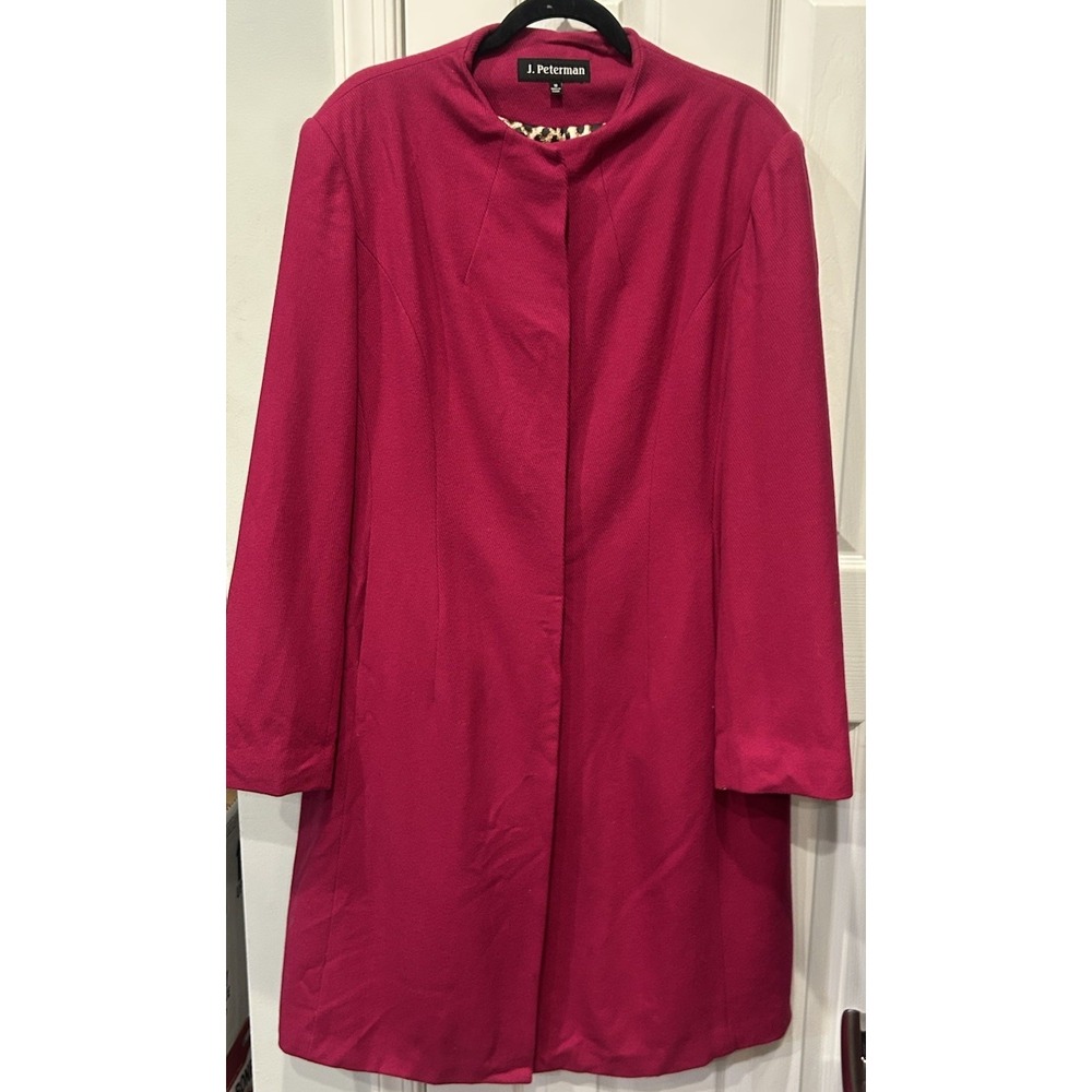 J Peterman Third Act Magenta Wool Blend Coat Size 18 Leopard Print Lined Preppy - Picture 1 of 15